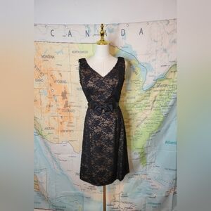 Vintage Elegant Black Lace Cocktail Dress With Bow Belt Size 10